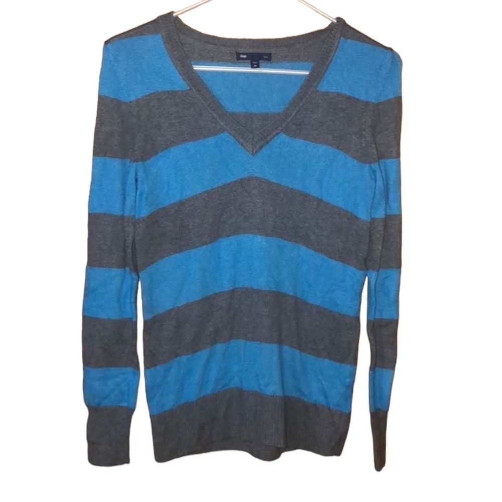 •GAP•BLUE & GRAY STRIPED V-NECK KNIT RIBBED SWEATER SIZE XS EUC